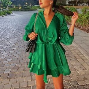 Zara Emerald Green Satin Wrap Dress